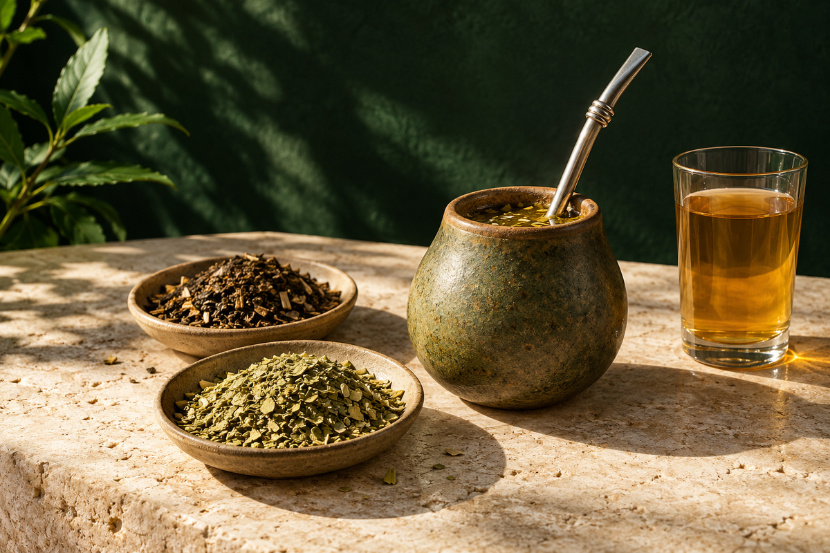 Illustration : feuilles de maté de deux teintes et infusion dans une calebasse et un verre.