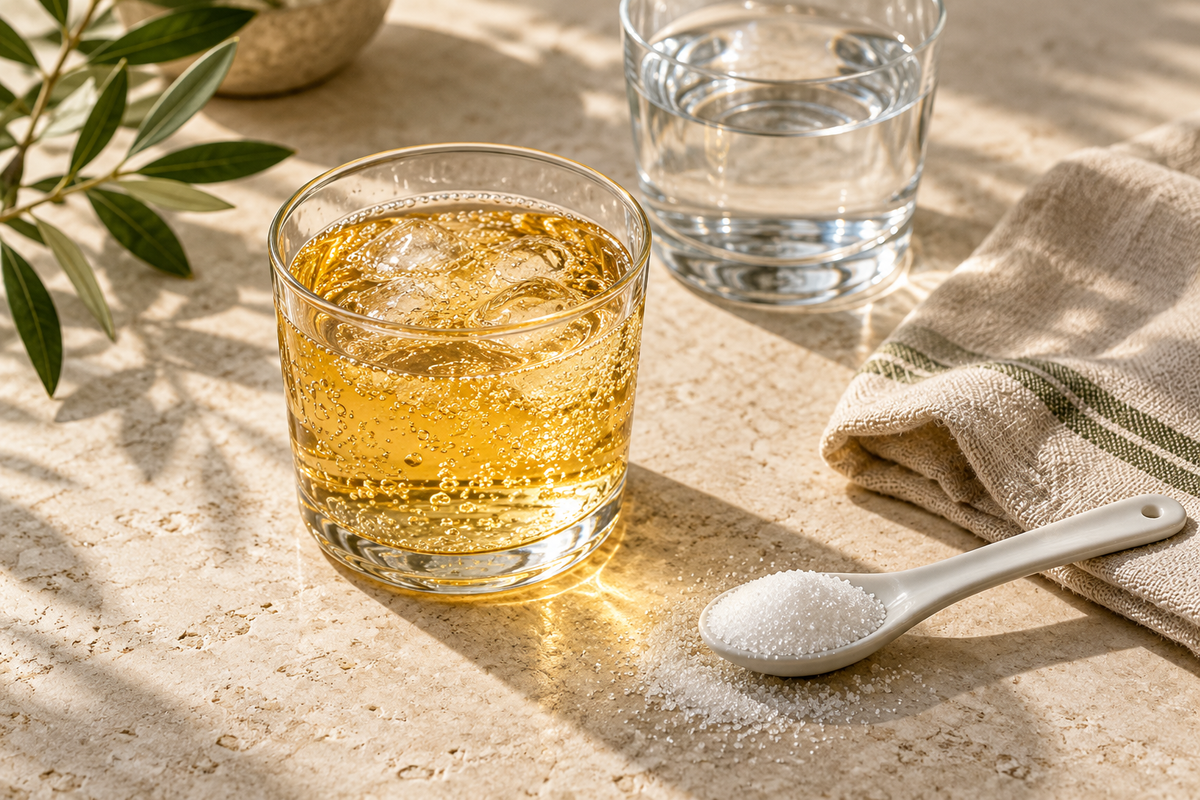 Illustration : boisson dorée, eau et cuillère de sucre ; aucune quantité n’est représentée à l’échelle.