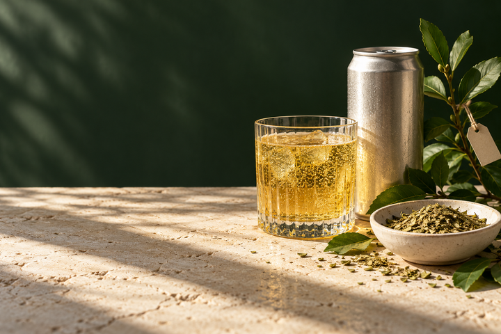 Illustration : boisson pétillante, canette générique et feuilles de maté sur une table claire.
