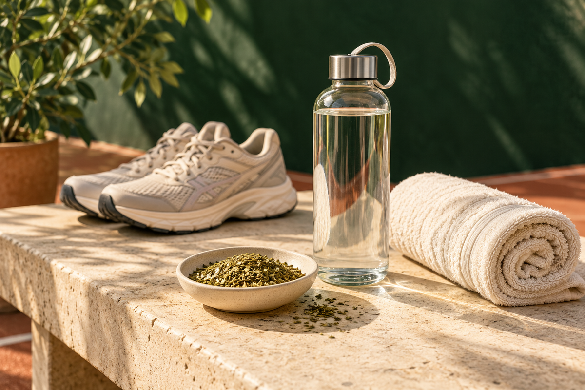 Illustration : bouteille d’eau, chaussures de sport, serviette et feuilles de maté.