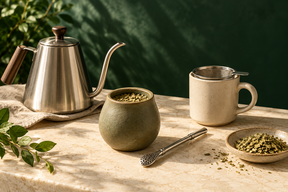 Illustration : bouilloire, calebasse, bombilla et tasse avec filtre pour préparer du maté.