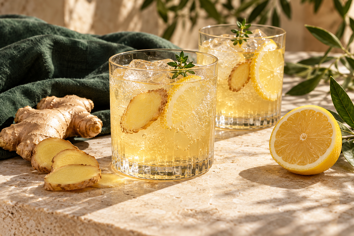 Illustration : deux verres de boisson pétillante au gingembre et au citron.