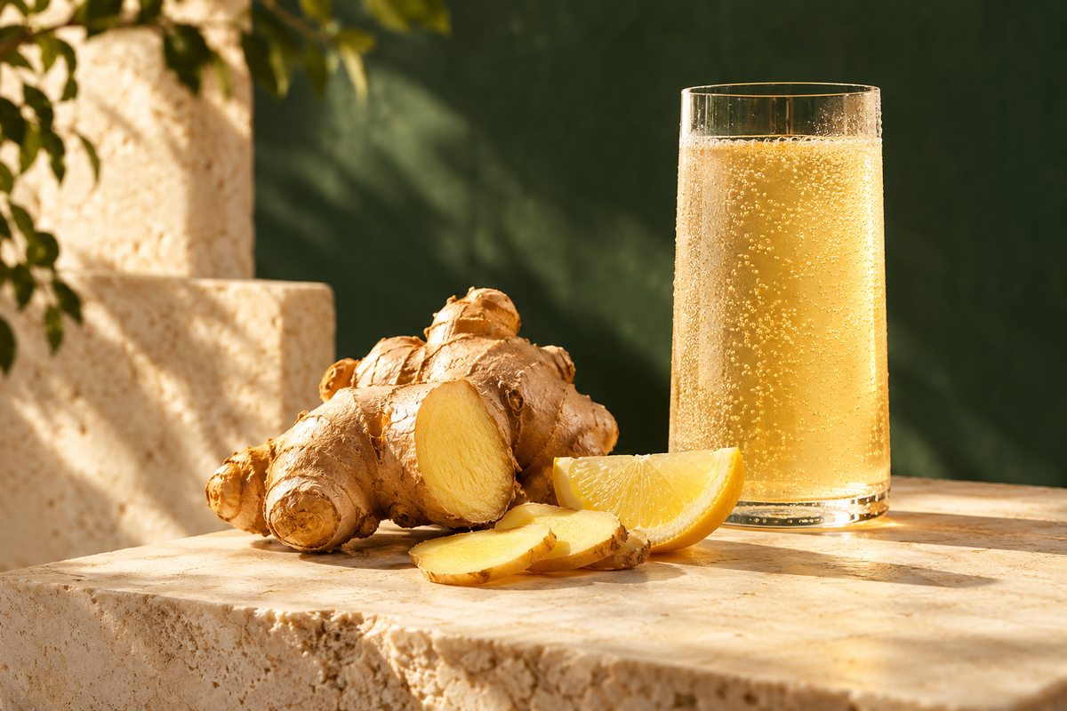 Illustration : gingembre frais, citron et boisson dorée pétillante.