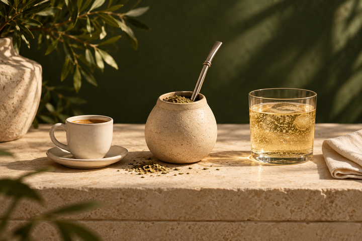 Illustration : café, maté en calebasse et boisson pétillante à comparer.