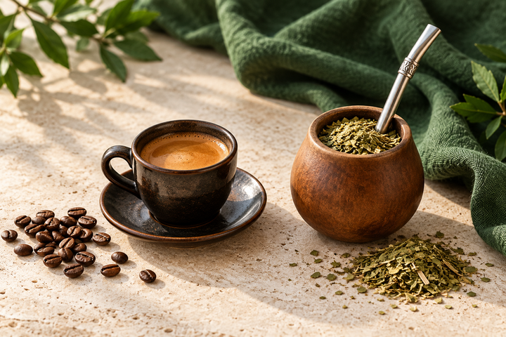 Illustration : tasse de café et calebasse de maté avec bombilla sur une table claire.