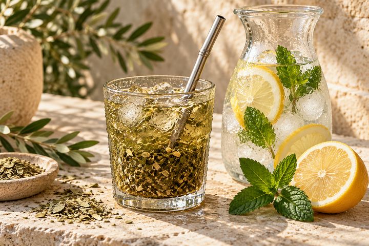 Illustration : tereré avec bombilla, carafe d’eau glacée, citron et menthe.
