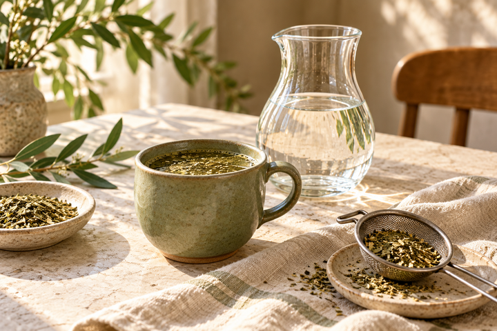 Illustration : tasse de maté, filtre et carafe d’eau sur une table claire.