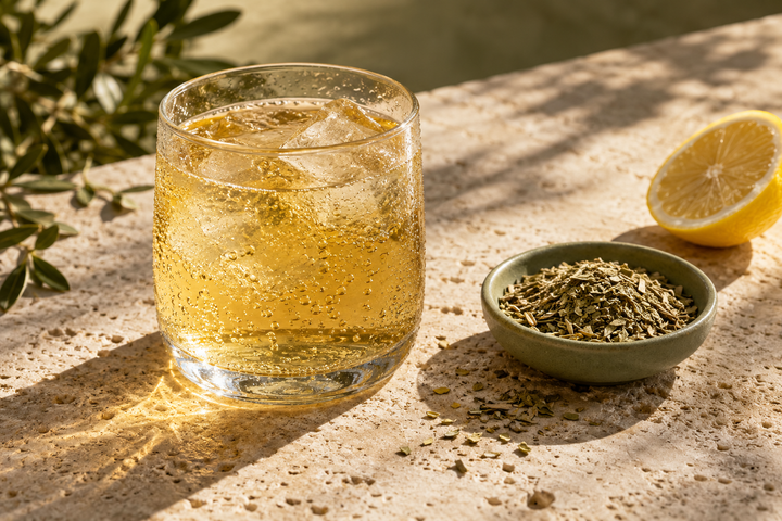 Illustration : verre de boisson pétillante, maté séché et citron sur une table claire.